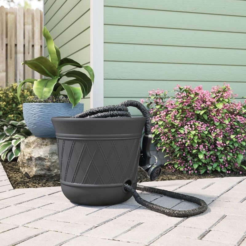 suncast 2 Pack 14" x 12" Round Resin Decorative Weatherproof Outdoor Hideaway Standard Garden Hose Storage Pot with Drainage Holes, Gray - Image 5